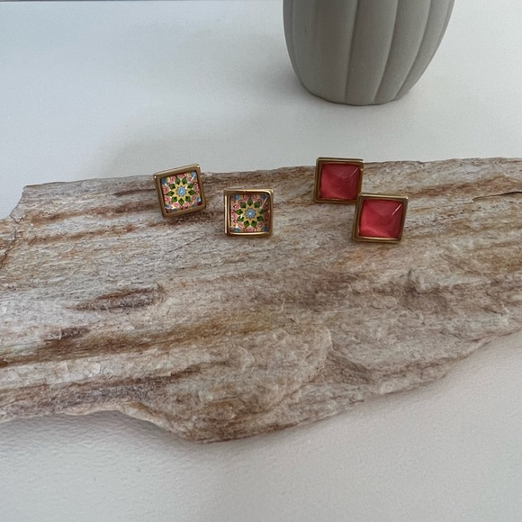 Classic Flirty Stud Earrings - Gold Boho Chic Square & Round Stud Earrings - Picture 8 of 15